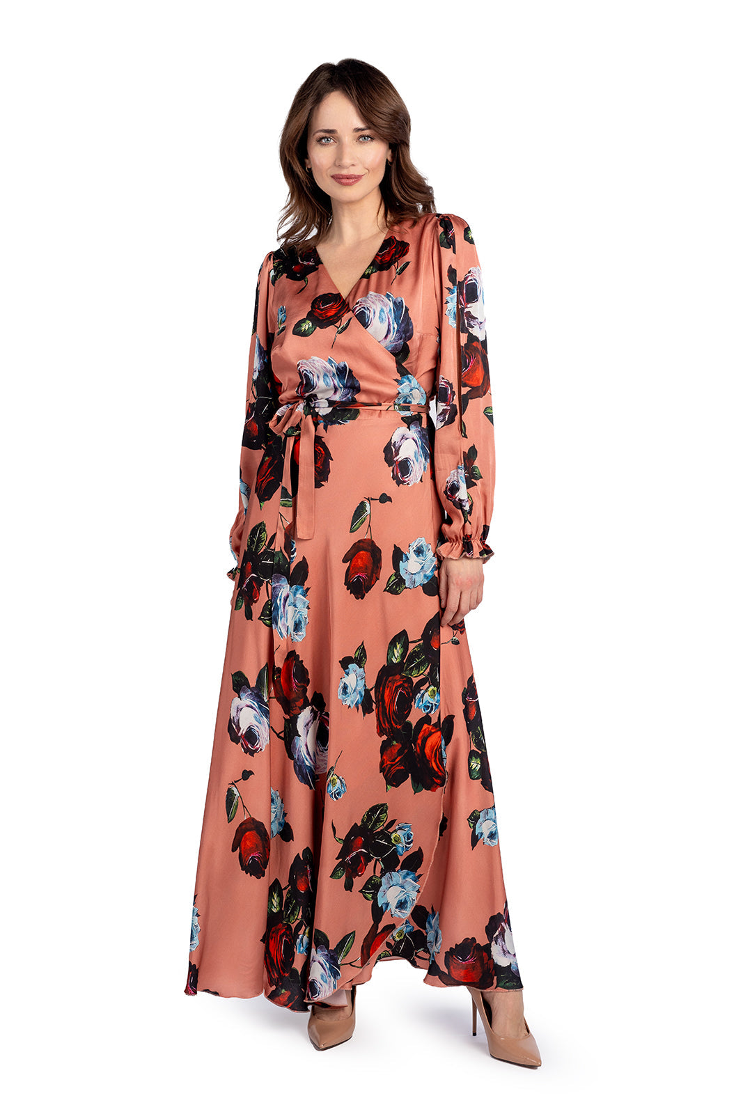 Sukienka JAŚMINA pomarańczowa w róże