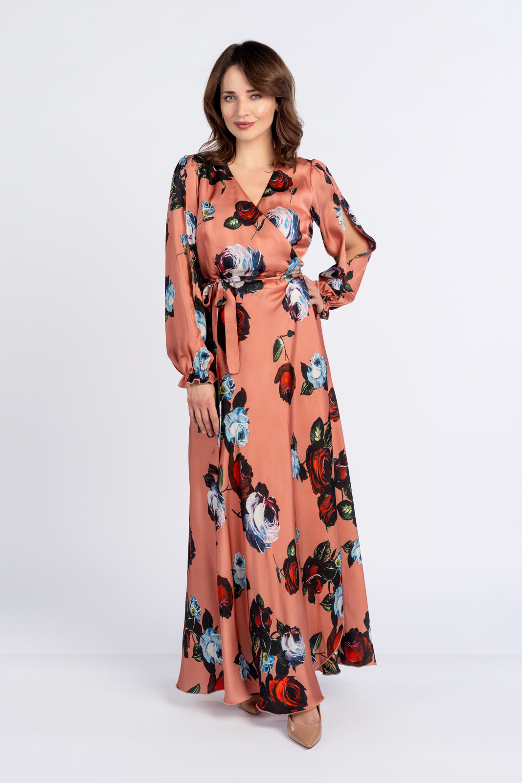 Sukienka JAŚMINA pomarańczowa w róże