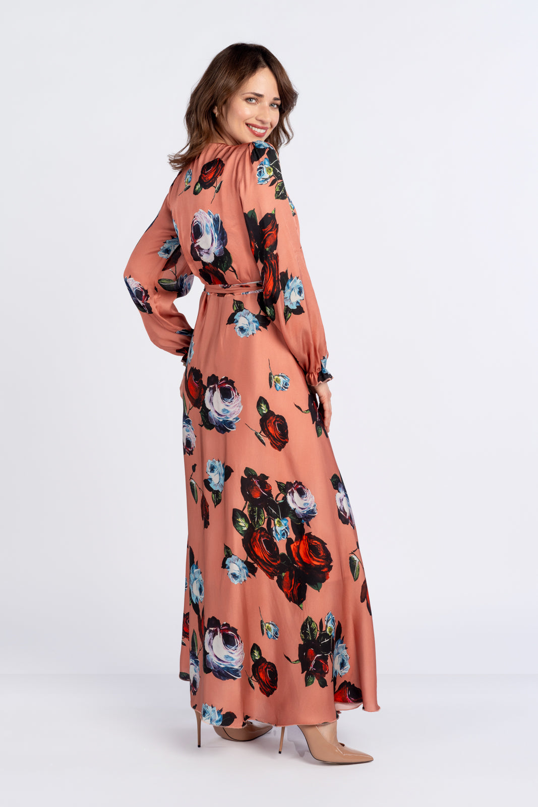 Sukienka JAŚMINA pomarańczowa w róże