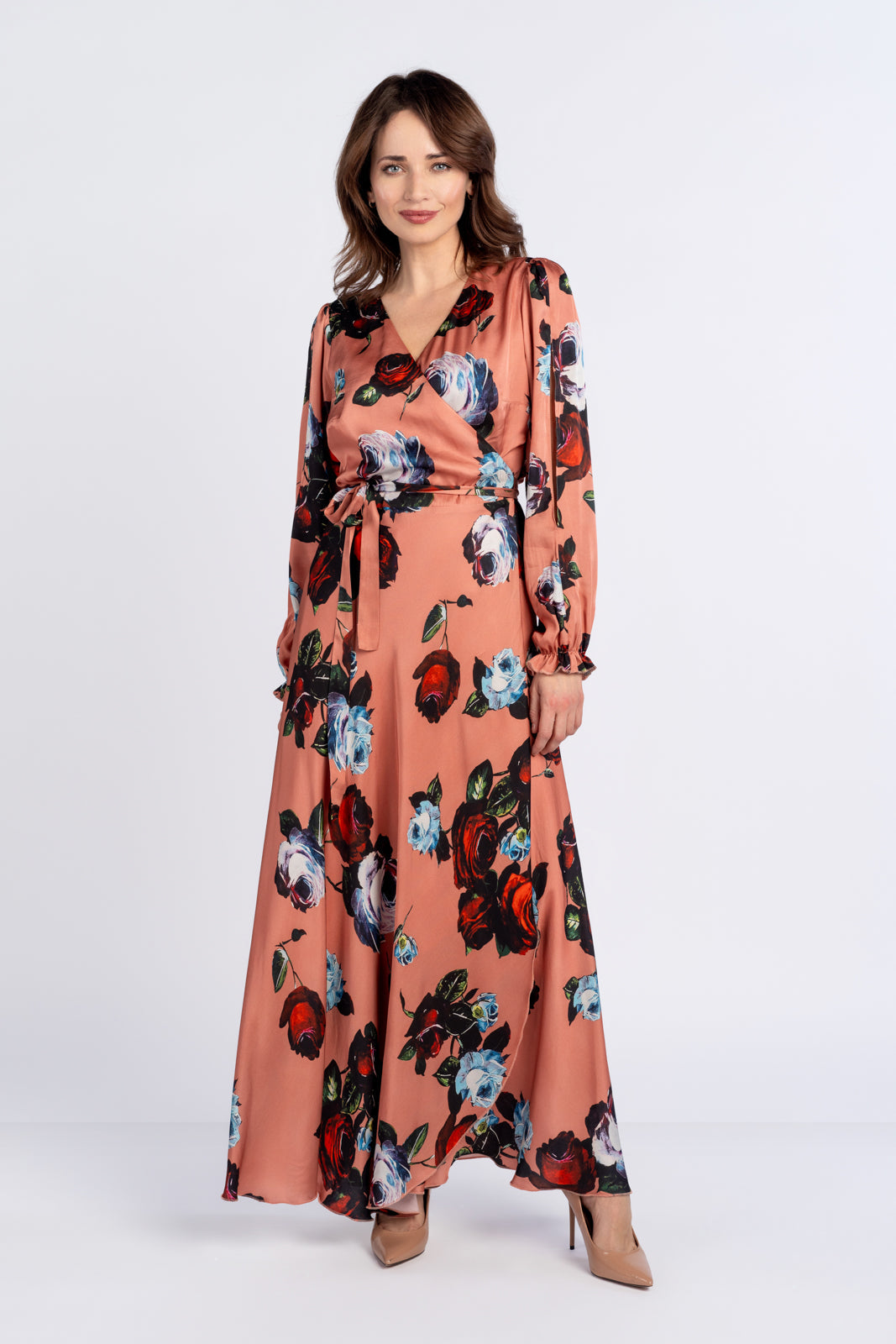 Sukienka JAŚMINA pomarańczowa w róże