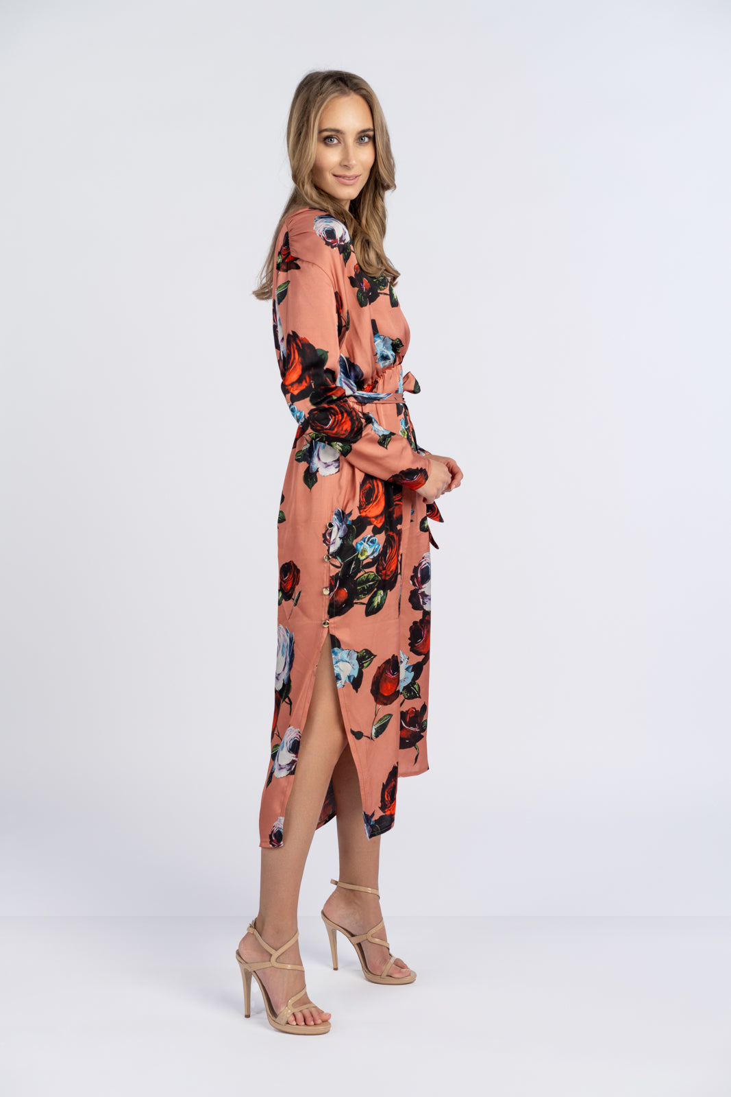 Sukienka SELENA pomarańczowa w róże