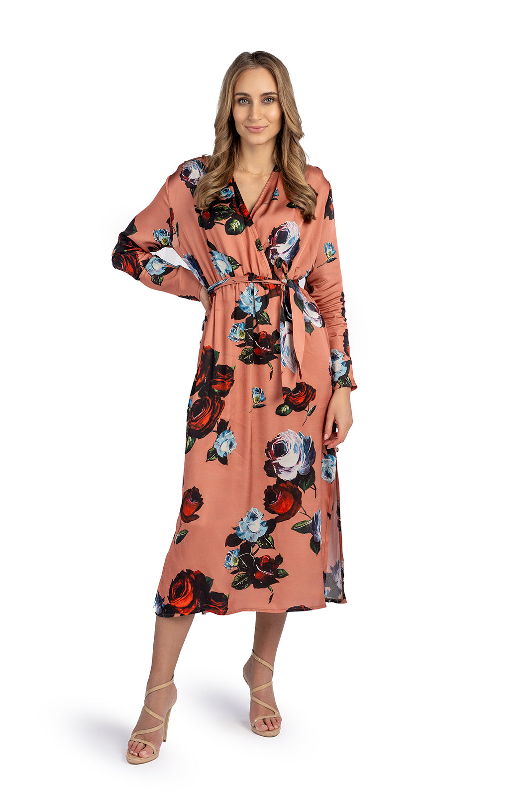 Sukienka SELENA pomarańczowa w róże