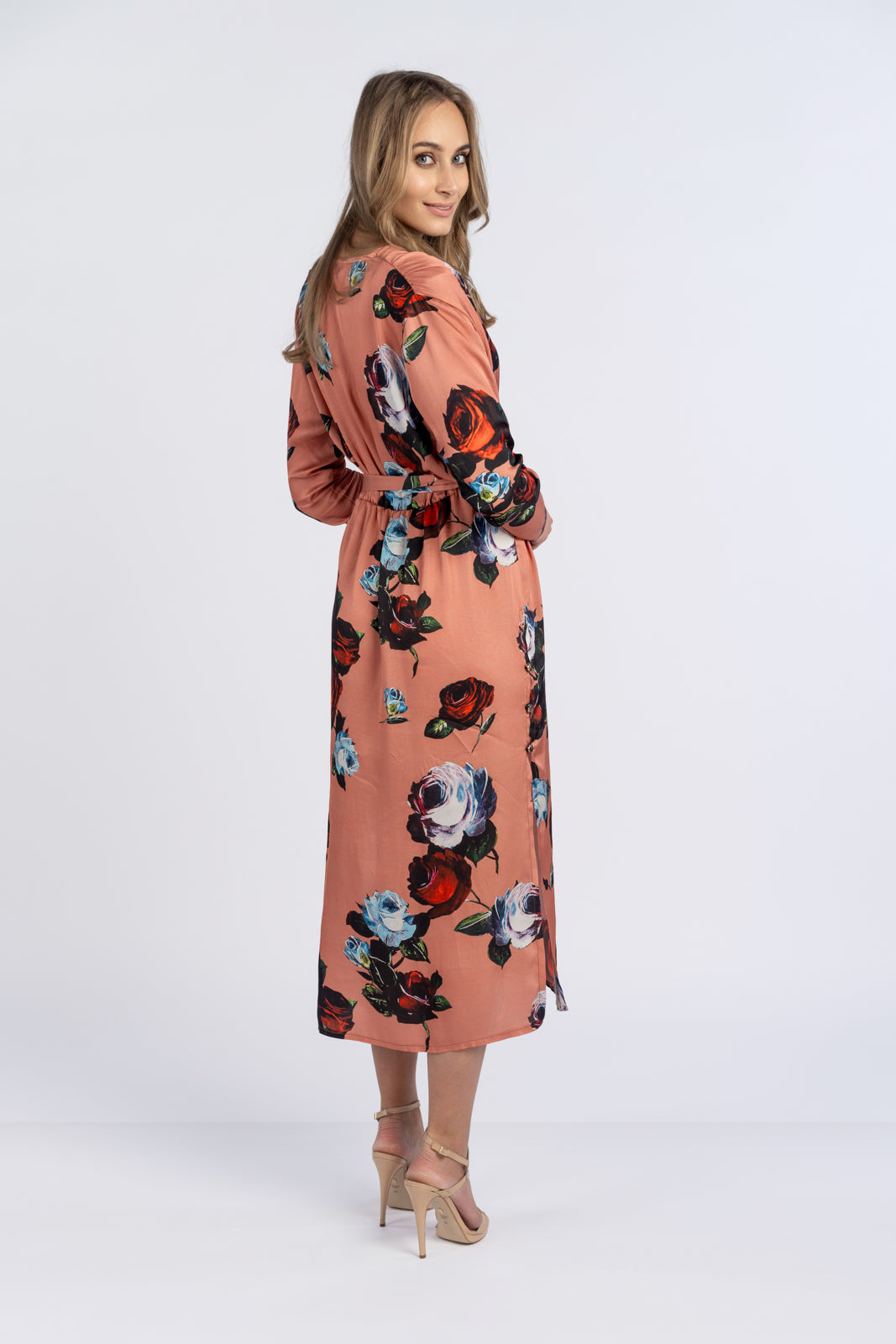 Sukienka SELENA pomarańczowa w róże