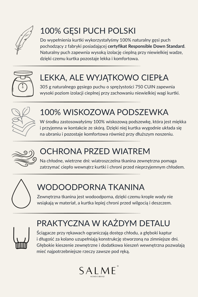 Płaszcz puchowy GAJA czekoladowy, 100% gęsi puch