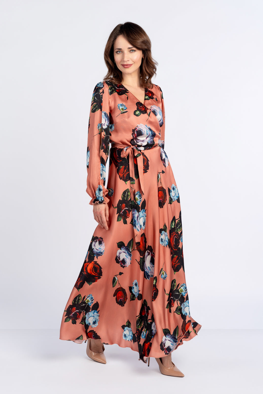 Sukienka JAŚMINA pomarańczowa w róże