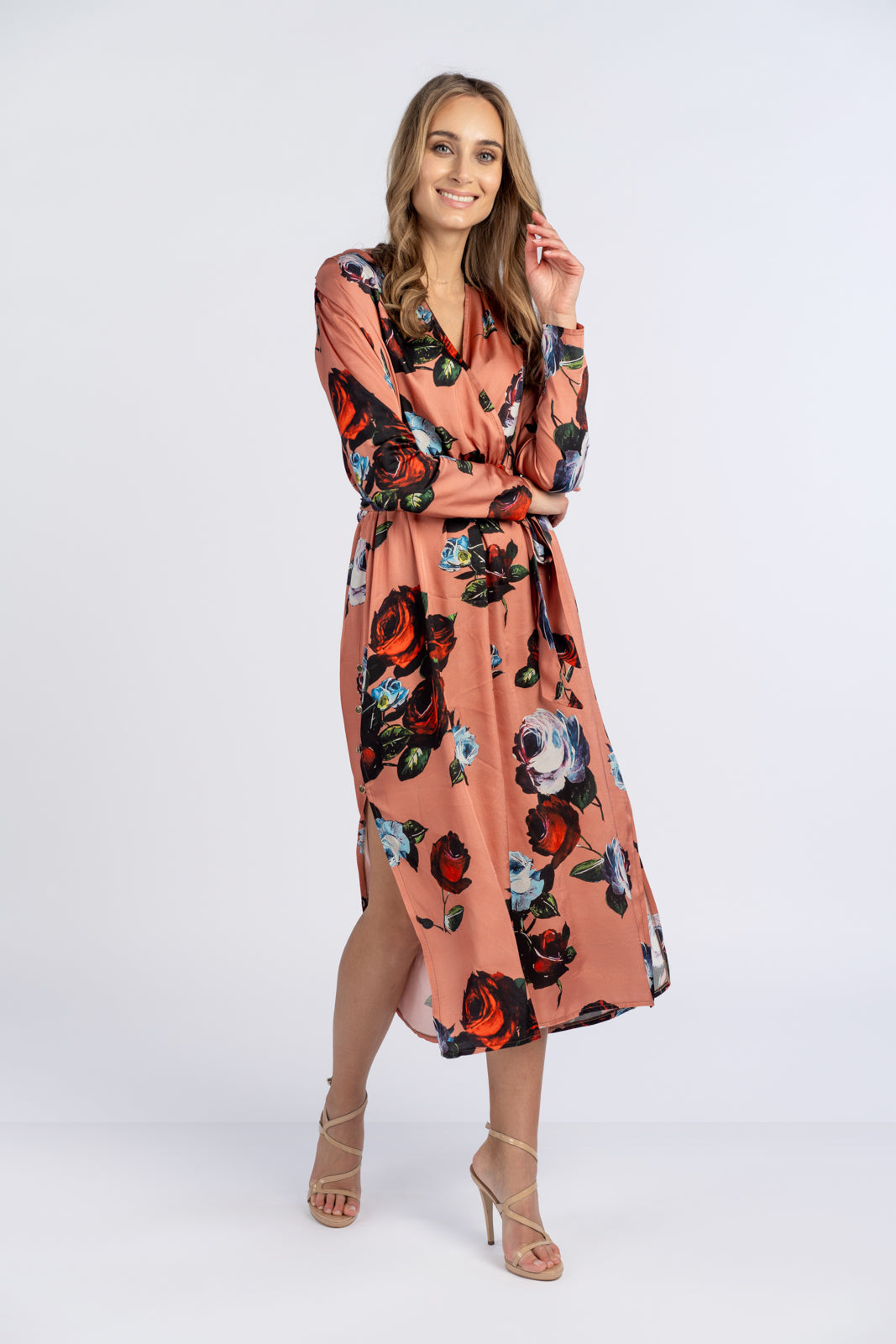 Sukienka SELENA pomarańczowa w róże